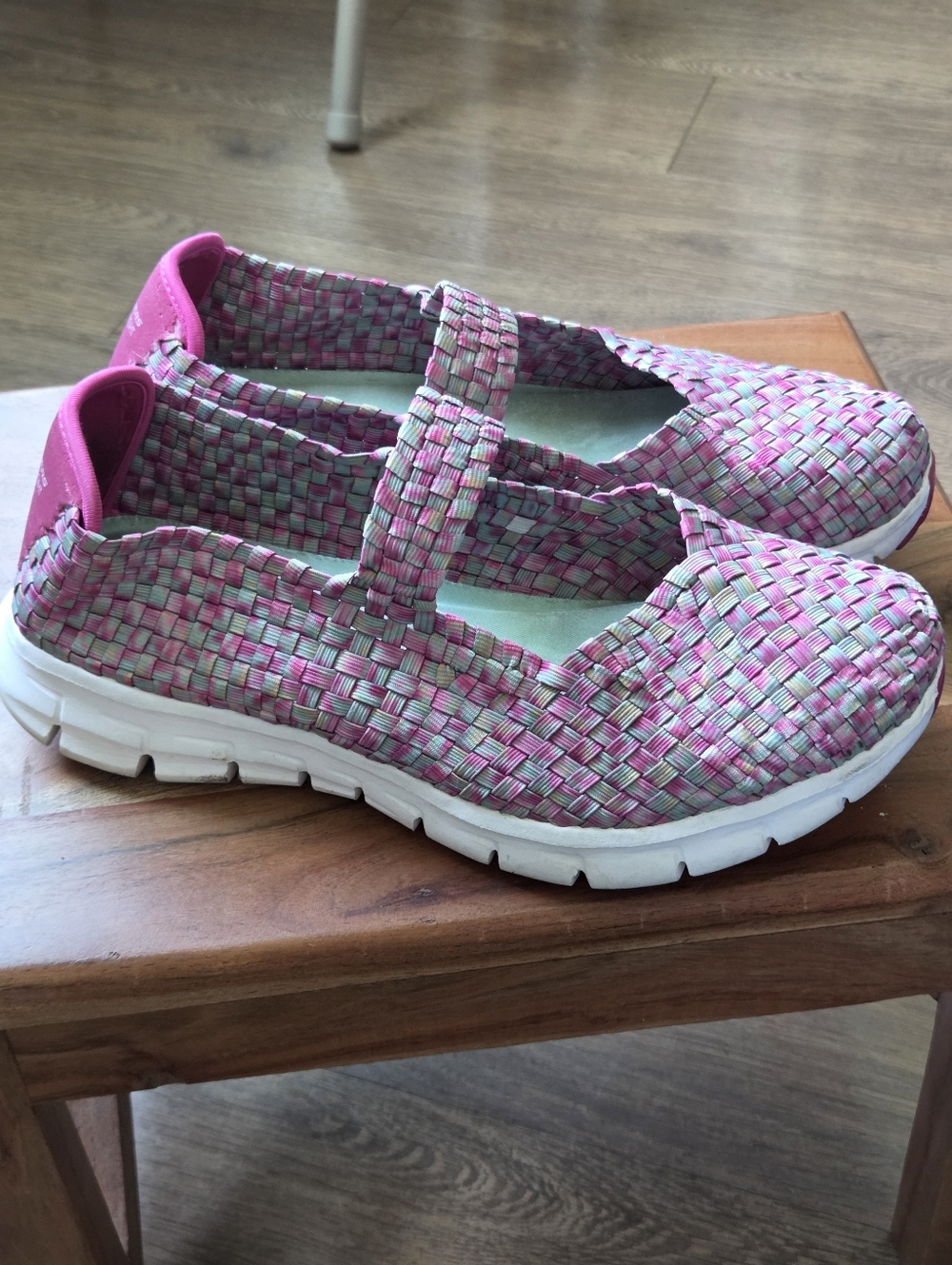 Skechers Memory Foam Woven Mary Jane shoes in a pink and green colorway